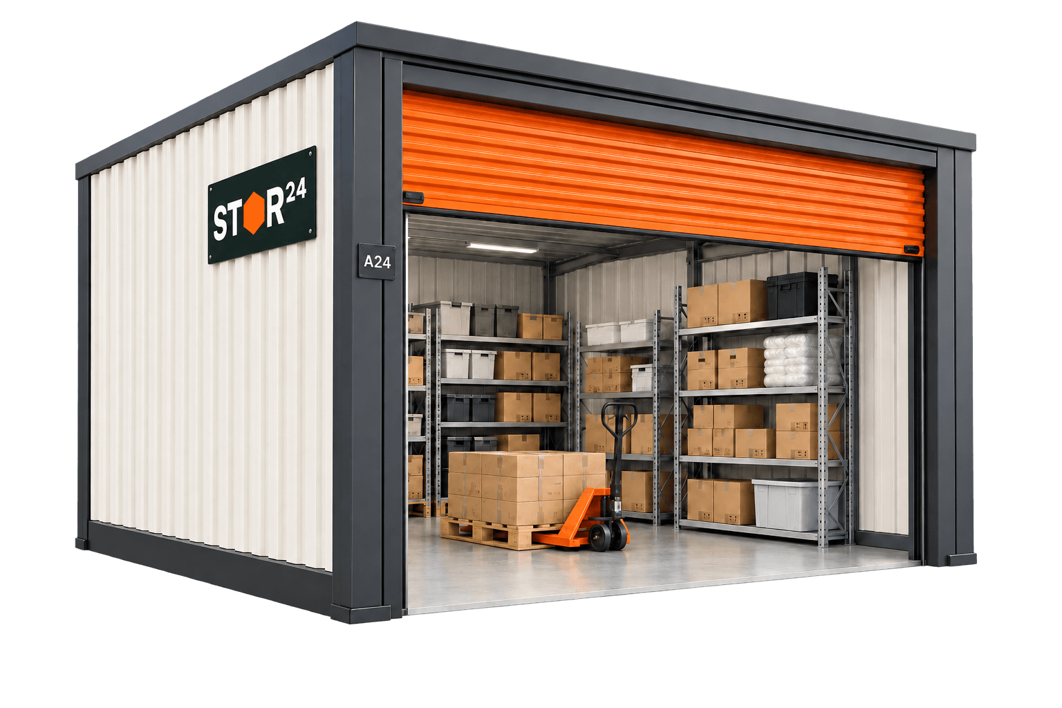 Illustrative STOR24 micro warehouse with official STOR24 branding, stock and pallet jack