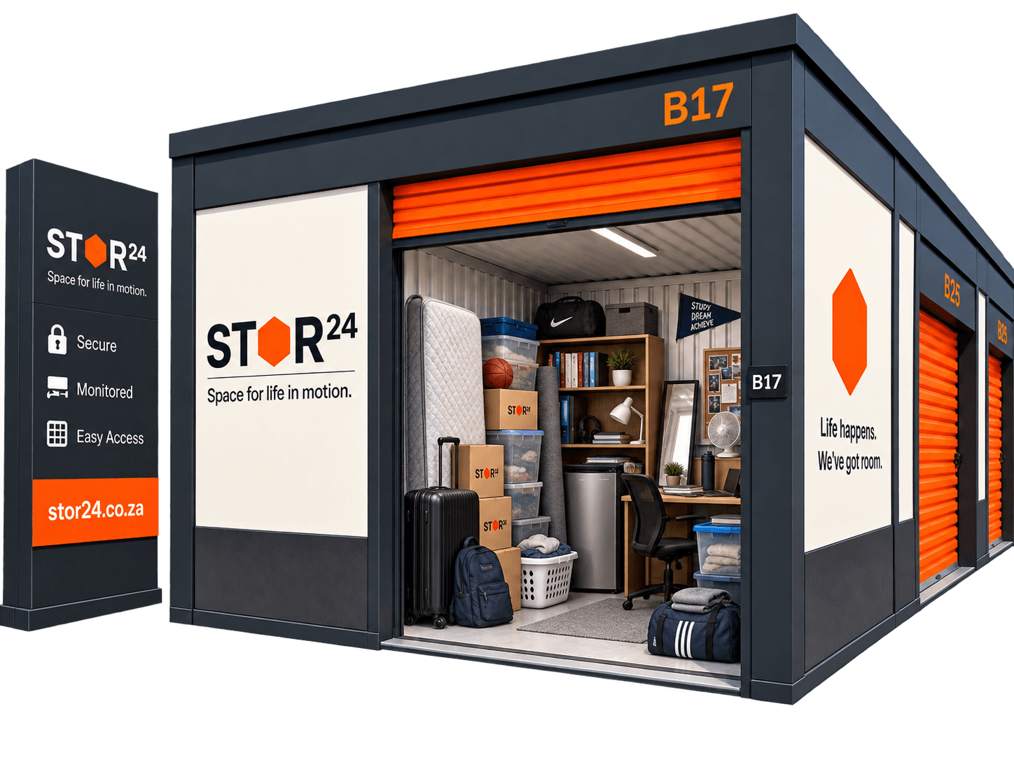 student stuff in a self-storage unit